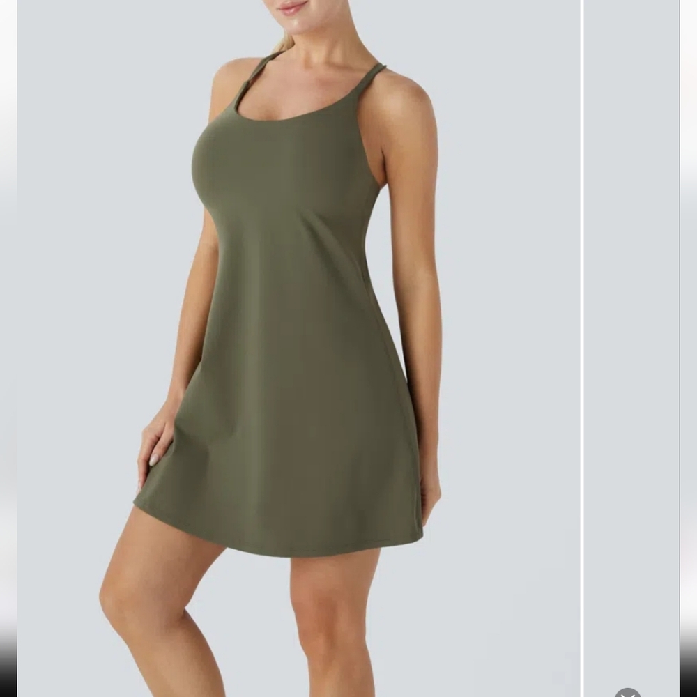 Halara SoftlyZero plush Backless 2-1 pocket Mini Active Dress L Grass Gray green